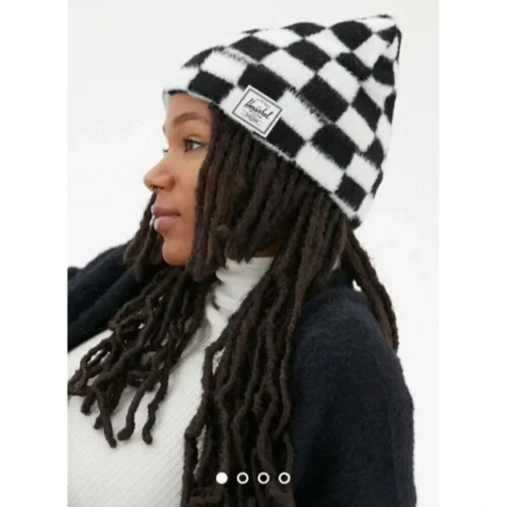 HERSCHEL Polson Faux Mohair Beanie Black White Hat Checkerboard Harlequin